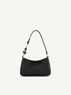 Acrylic Embellished Croc-Effect Embossed Shoulder Bag