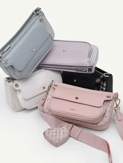 Dilone Houndstooth Double Flap Shoulder Bag