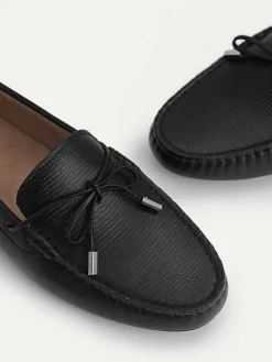 Lizard-Effect Leather Bow Driving Shoes