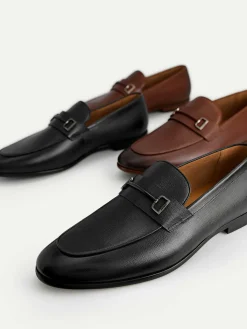 Textured Leather Loafers With Metal Bit
